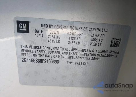 2015 Chevrolet Impala 2Lz из США, поврежденный, VIN 2G1165S38F9166393